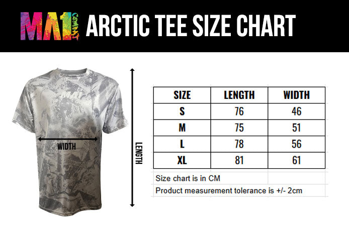 Arctic Tee size chart with t-shirt and measurements