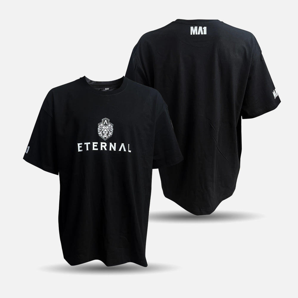 Custom MA1 Tee - Black t-shirt with 'ETERNAL' text and logo on a white background