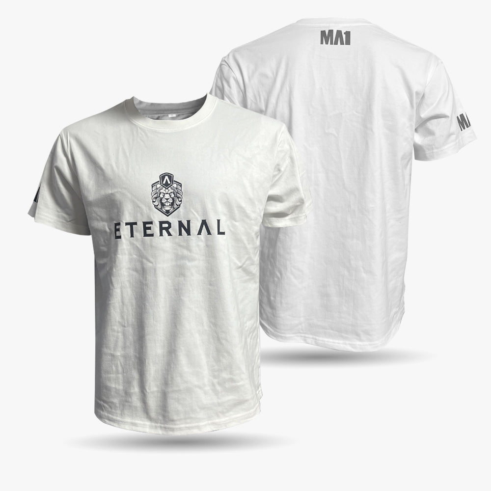 Custom MA1 Tee - White t-shirt with 'Eternal' text and logo on front, back view shown