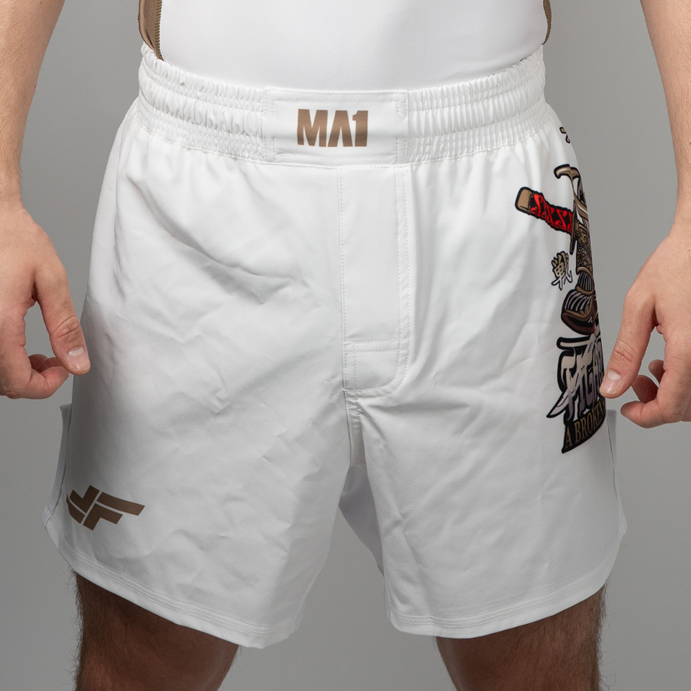 MA1 Fighting Fathers White Hybrid Cut MMA Shorts