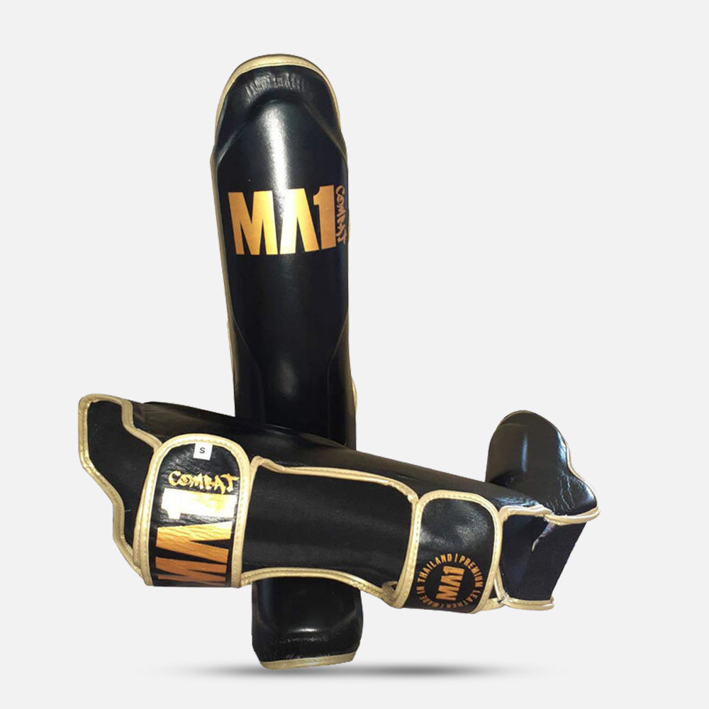 MA1 Thai Made Black & Gold Leather Muay Thai Shin Guards - product photo 2