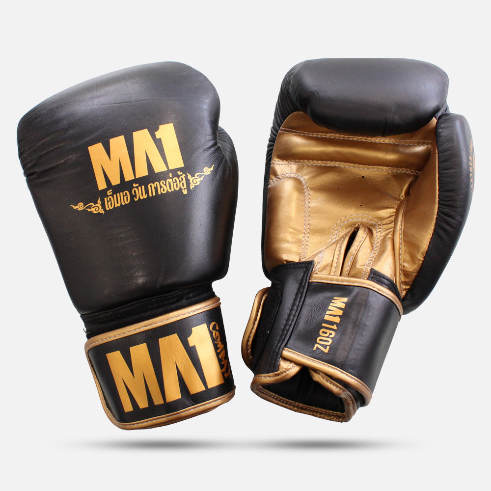 MA1 Thai Made Black Gold Leather Boxing Gloves - product photo 2
