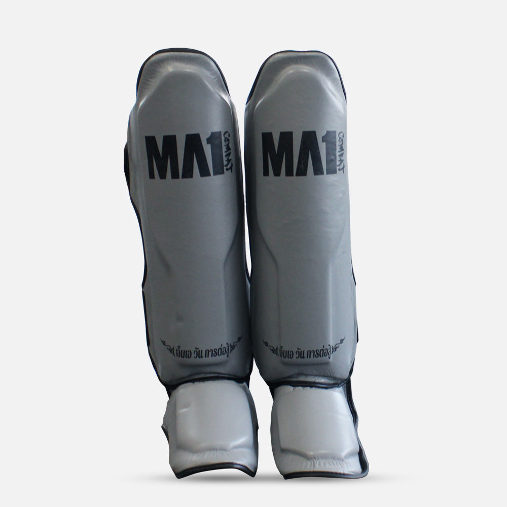 MA1 Thai Made Grey Black Leather Muay Thai Shin Guards - product photo 2