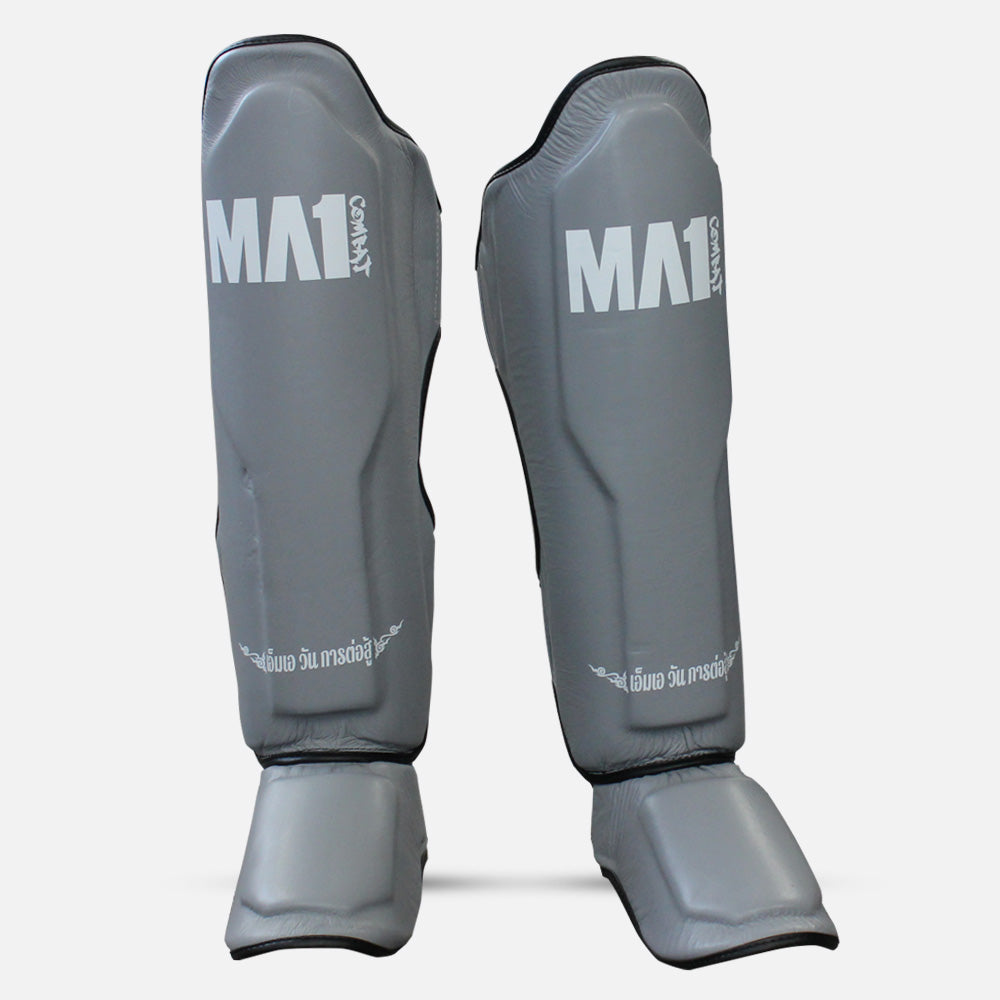 MA1 Thai Made Grey White Leather Muay Thai Shin Guards