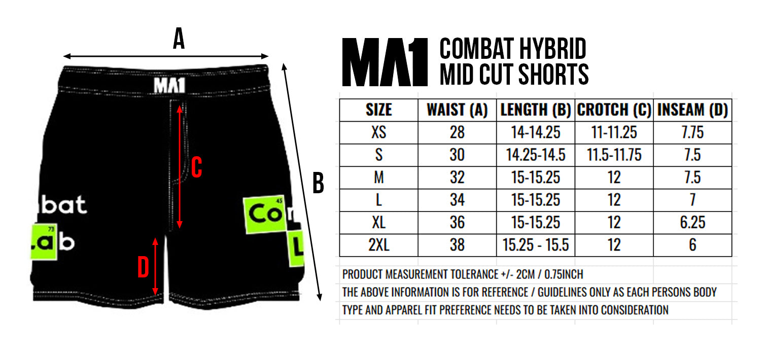 MA1 Hybrid Mid Cut MMA Shorts Size Chart