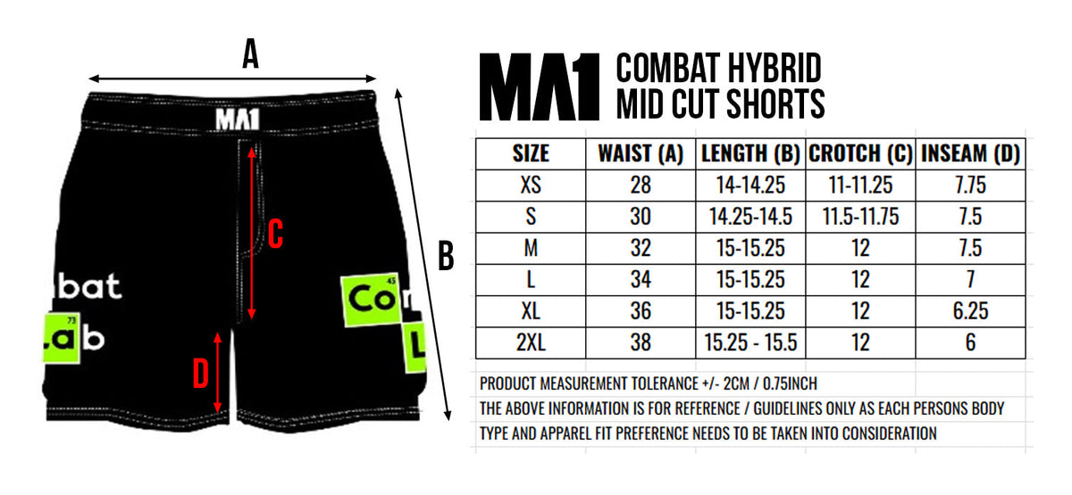 MA1 Hybrid Mid Cut MMA Shorts Size Chart