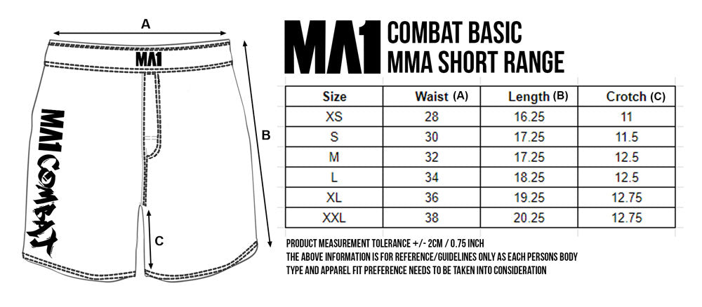 MA1 Basic Cut MMA Short Size Chart