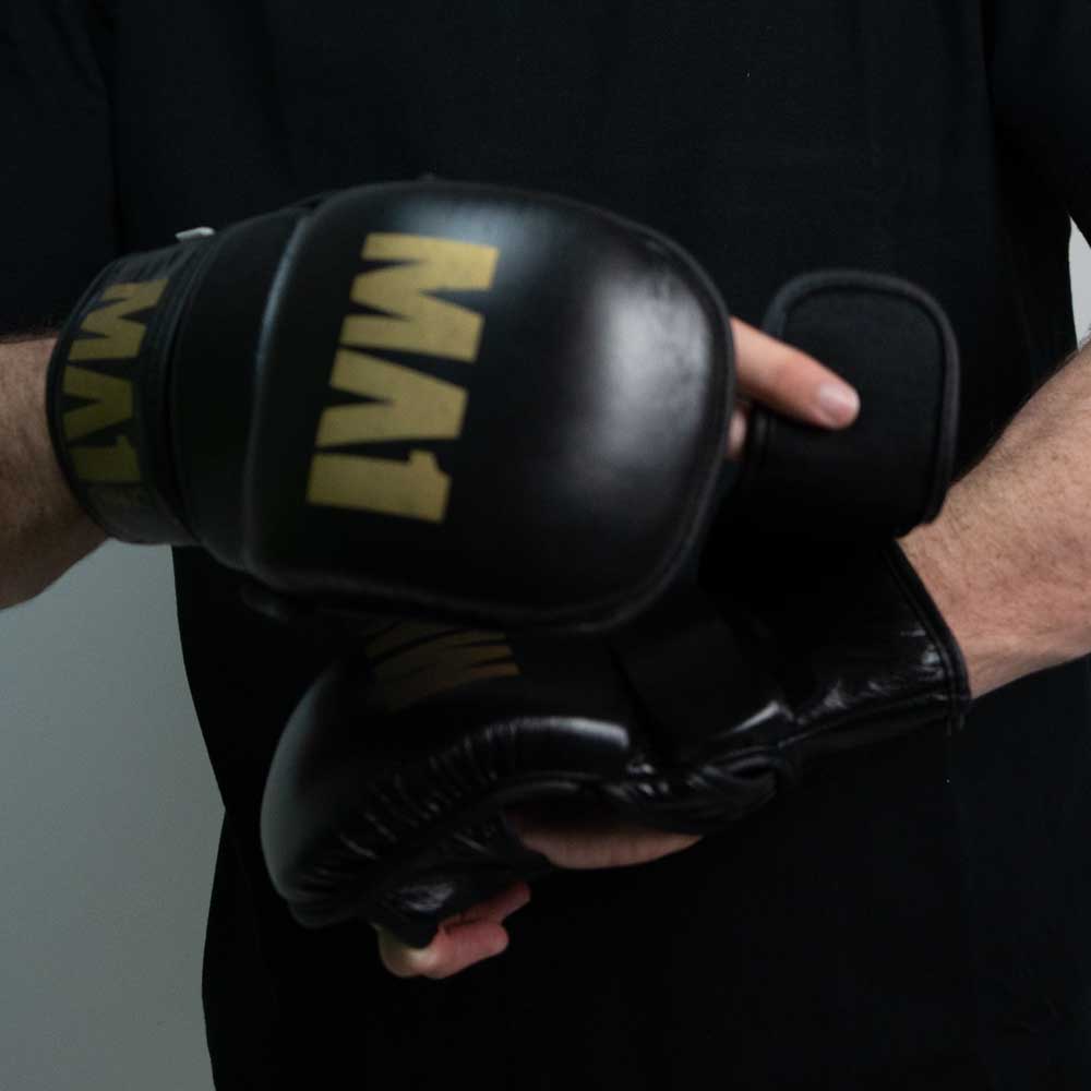 MA1 Black Gold Elite Leather MMA Sparring Gloves