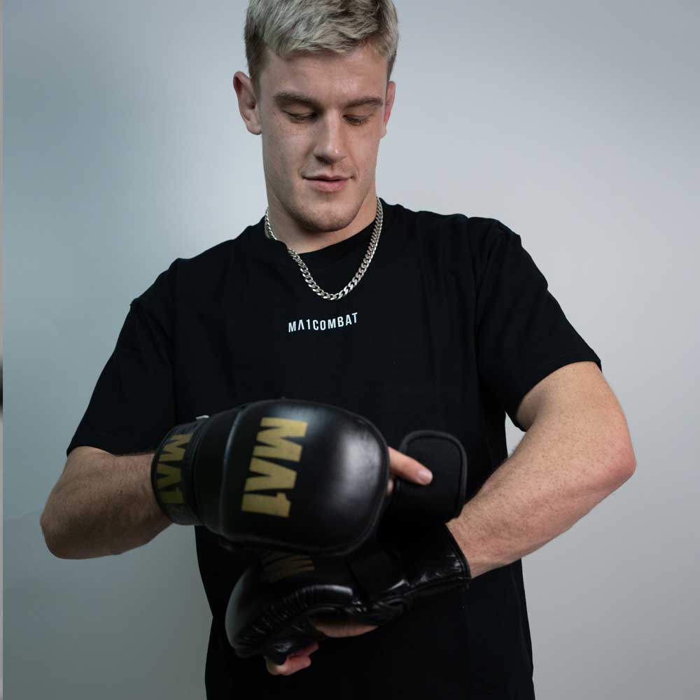 MA1 Black Gold Elite Leather MMA Sparring Gloves