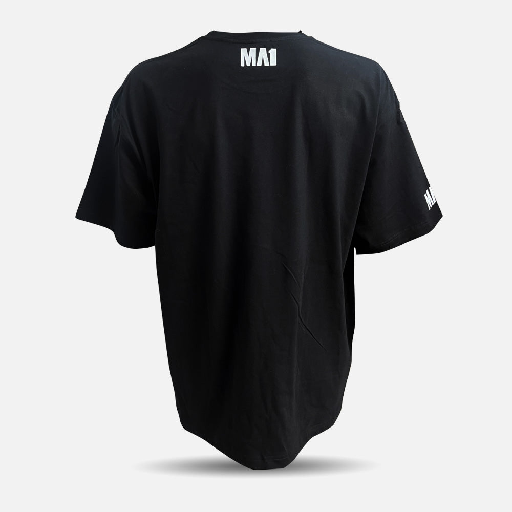 MA1 Custom Tee - Black t-shirt with a logo on the back against a light gray background
