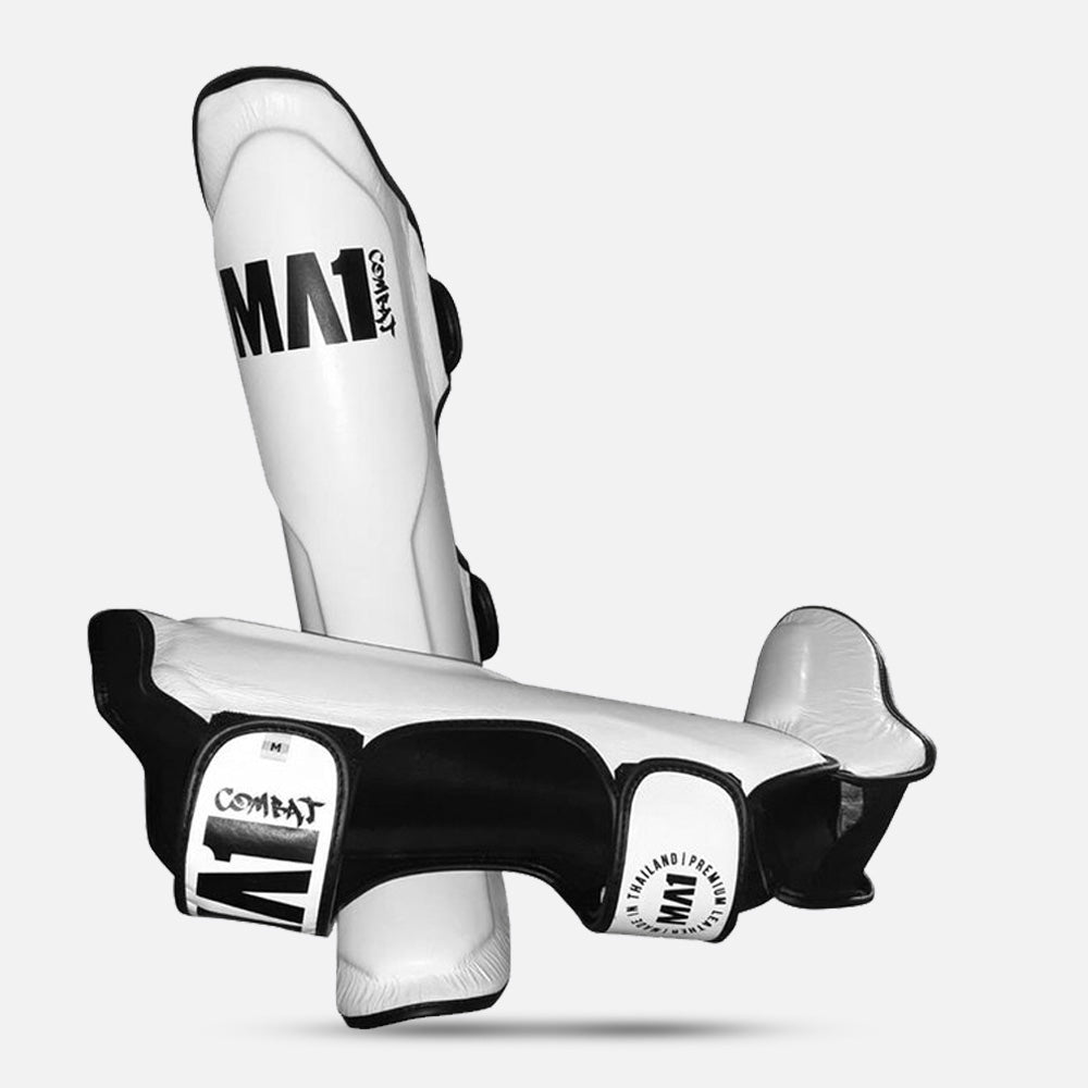 MA1 Thai Made White Leather Muay Thai Shin Guards - product photo 3