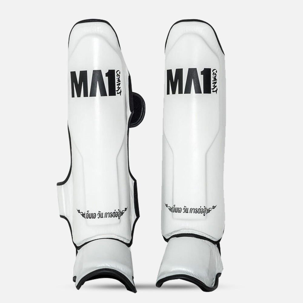 MA1 Thai Made White Leather Muay Thai Shin Guards - product photo 2