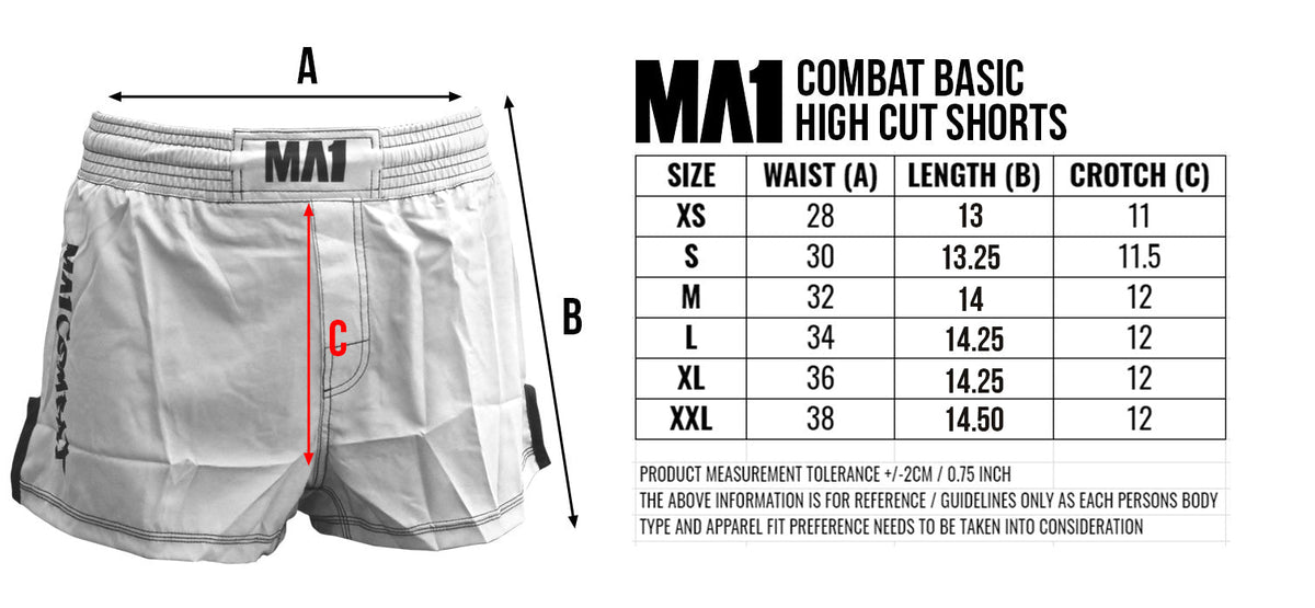 MA1 Custom High Cut MMA Shorts Size Chart