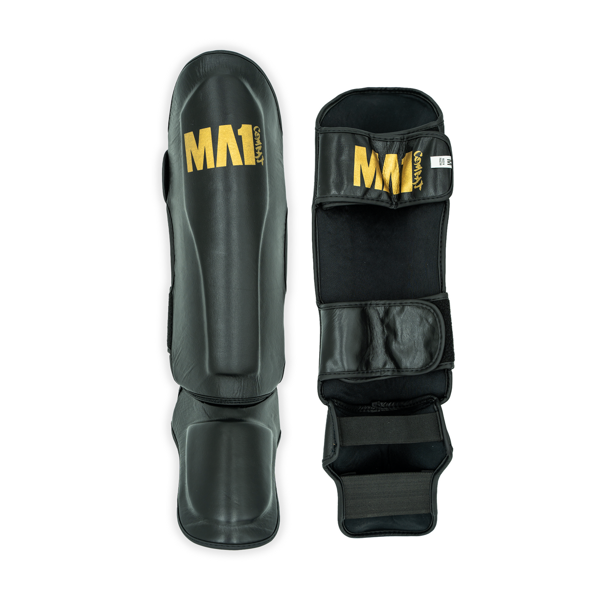 MA1 Black Gold Leather Shin Guards - product photo 2