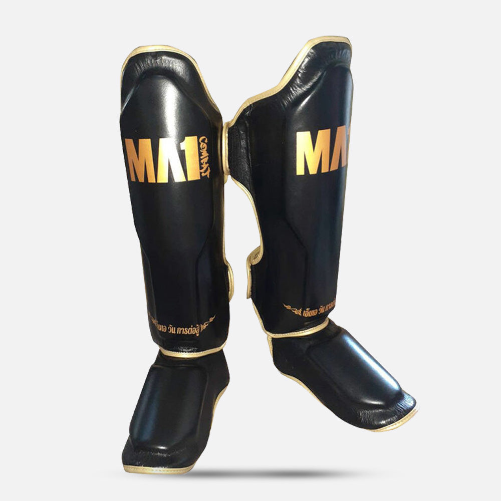 MA1 Thai Made Black & Gold Leather Muay Thai Shin Guards