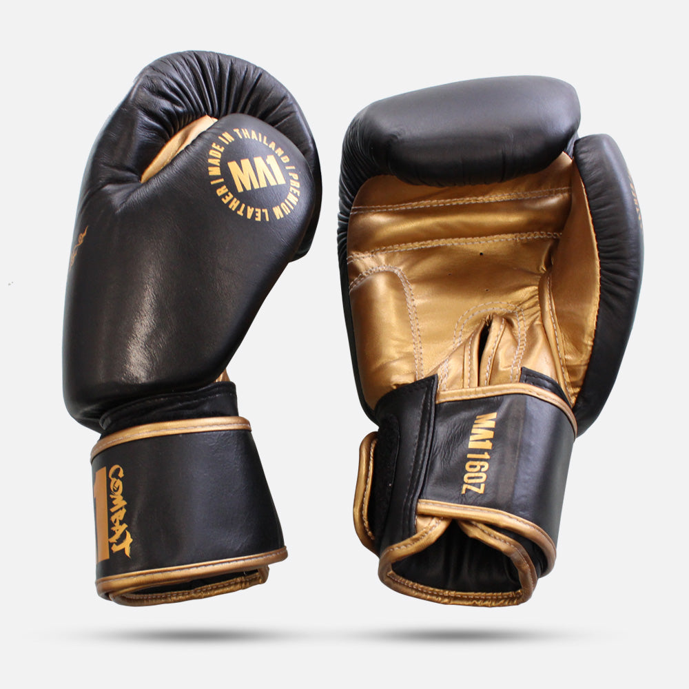 MA1 Thai Made Black Gold Leather Boxing Gloves