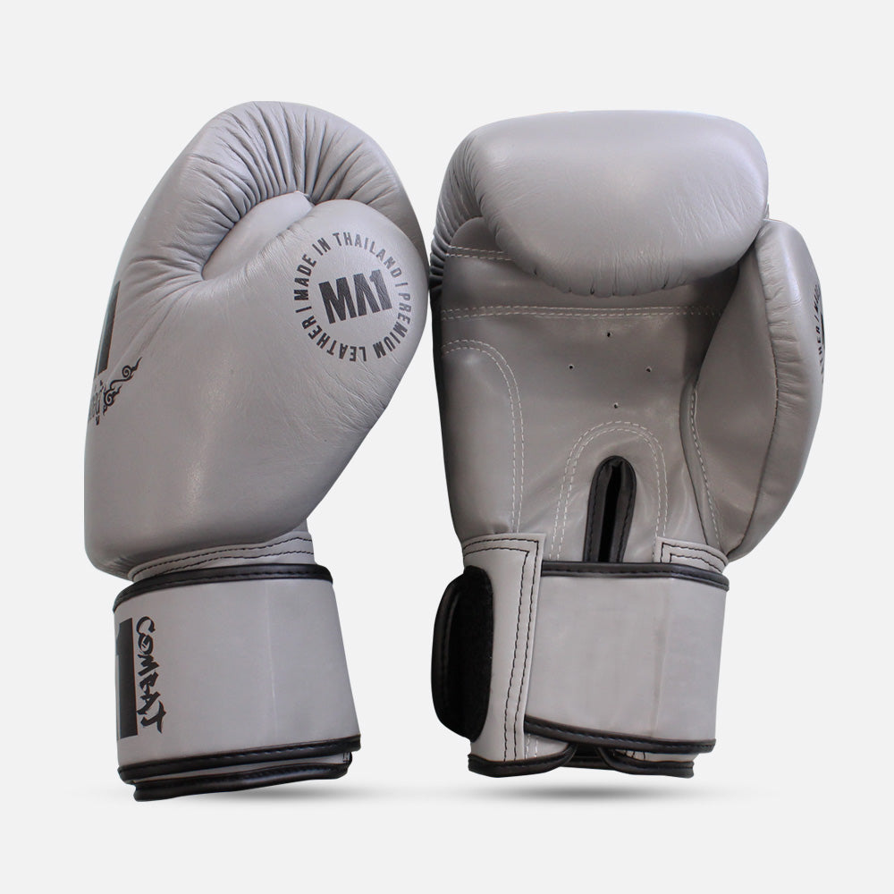 MA1 Thai Made Grey Black Leather Boxing Gloves